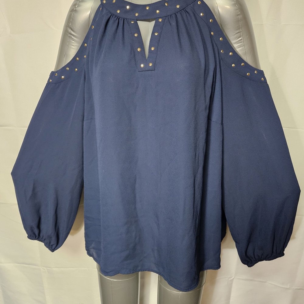INC International Concepts Navy Cold-Shoulder Blouse with Gold Studs